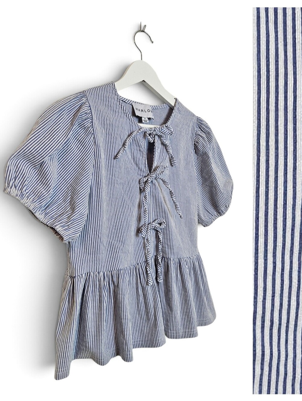 Harlow Blouse S Tie Front Bow Babydoll Peplum Puff Sleeves Seersucker Blue White